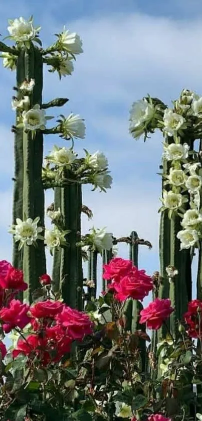 Blooming cacti and vibrant roses under a clear blue sky wallpaper.