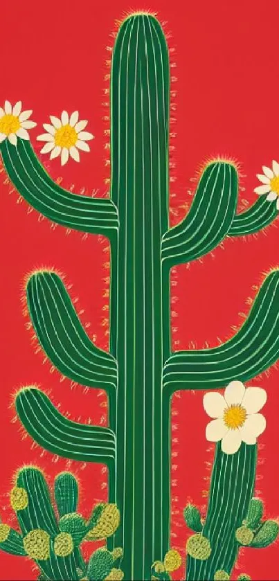 Vibrant cactus art with red background and white flower accents.