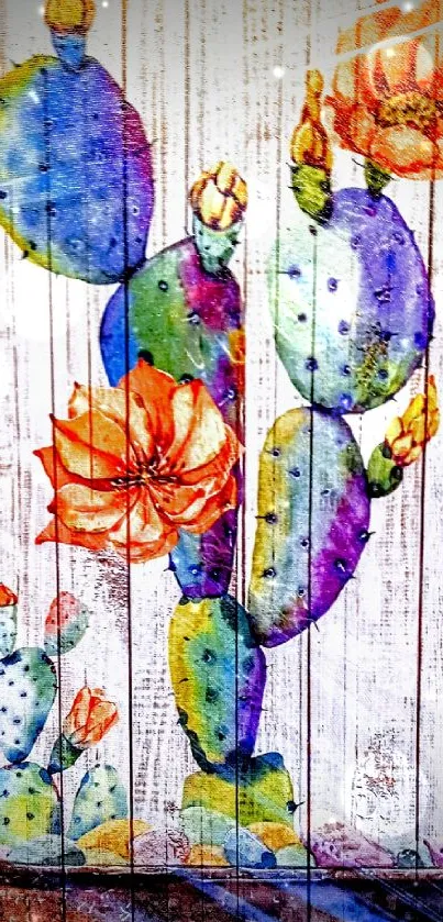 Vibrant watercolor cactus art on wooden background.