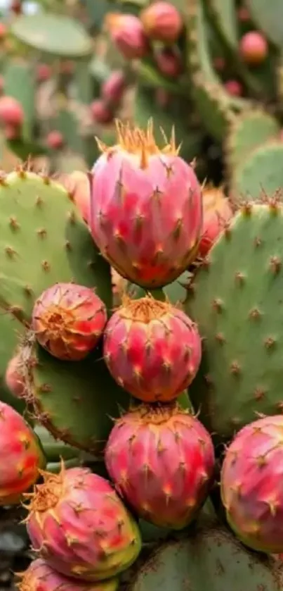 Close-up of pink blooming cactus with green pads.