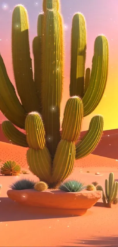 Desert sunset with a vibrant cactus landscape.