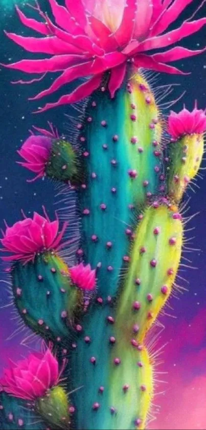 Vibrant neon cactus with pink blossoms.