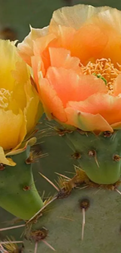 Yellow and orange cactus flowers blooming on a green cactus pad.