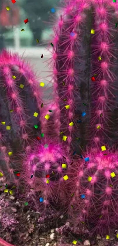 Vibrant magenta cactus with green background in a pot.