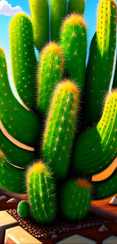 Vibrant green cactus artwork in desert landscape wallpaper.