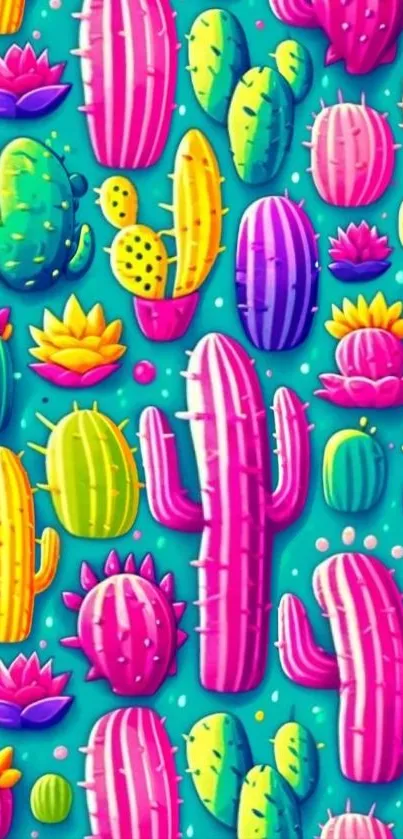 Vibrant and colorful cactus pattern wallpaper with a teal background.