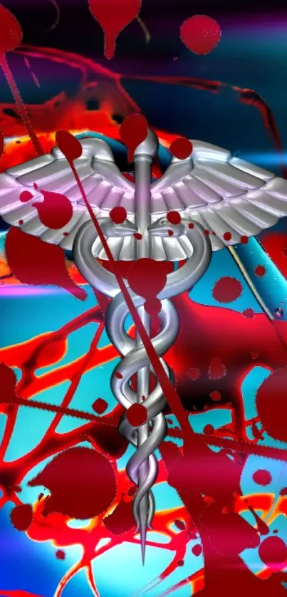 Colorful caduceus symbol with red splashes on vibrant background.