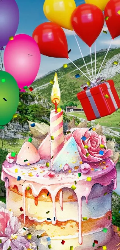 Festive cake with balloons in a scenic mountain background.