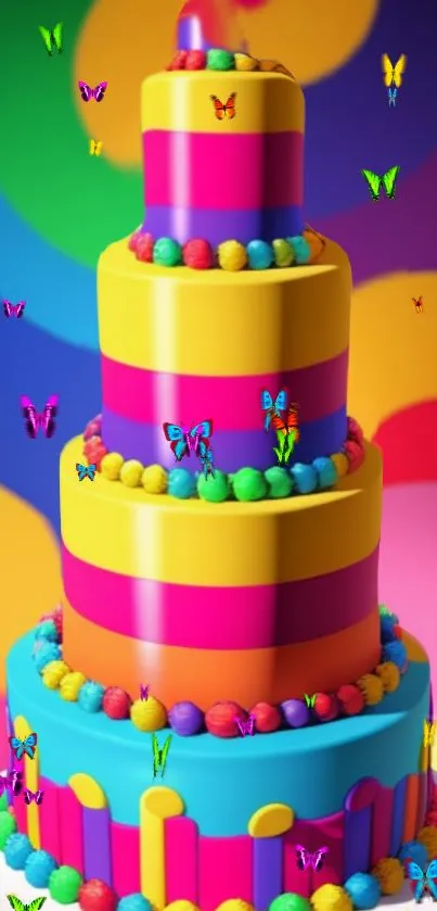 Vibrant cake with colorful butterflies on a decorative background.