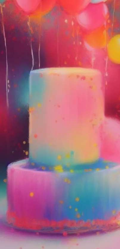 Colorful cake with vibrant balloons wallpaper design.