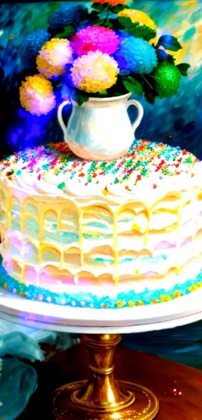 Colorful cake with a floral vase in an artistic setting wallpaper.