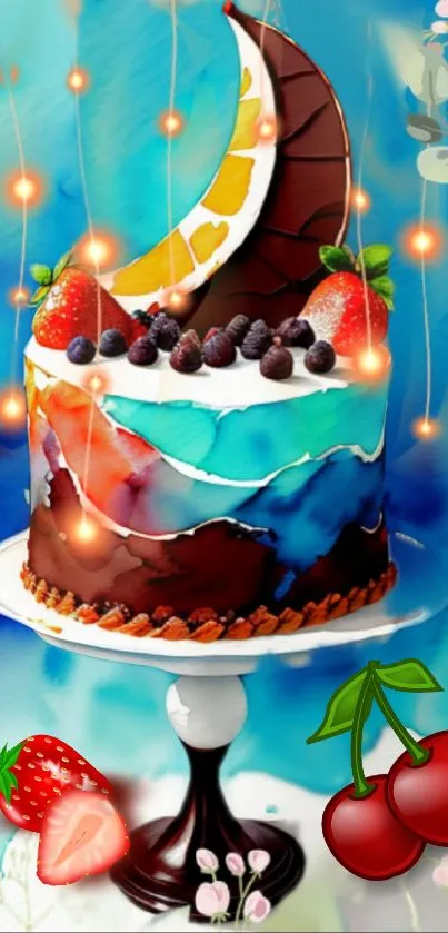 Vibrant cake art wallpaper with chocolate and fruit decorations.