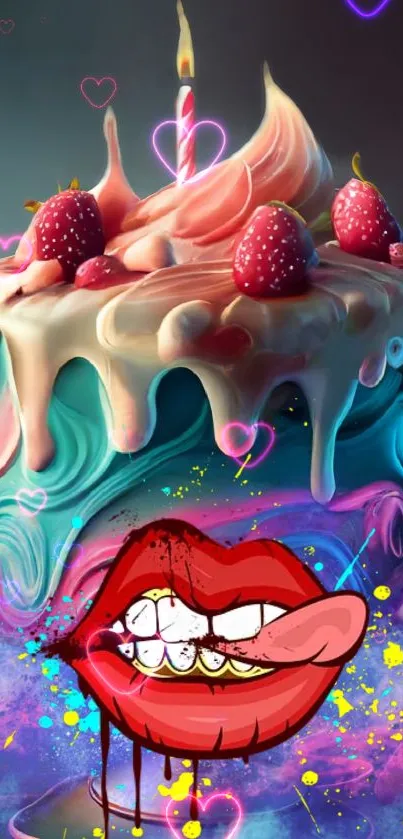 Vibrant colorful cake with pop art accents on wallpaper.