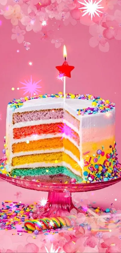Colorful layered cake with candle and pink background mobile wallpaper.