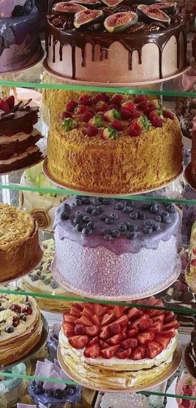 A display of colorful layered cakes with various toppings.