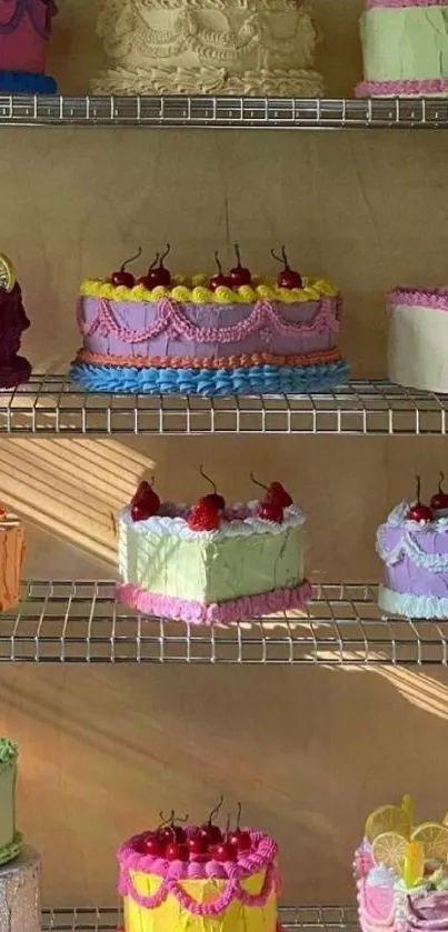 Colorful cakes on shelves with pastel icing.