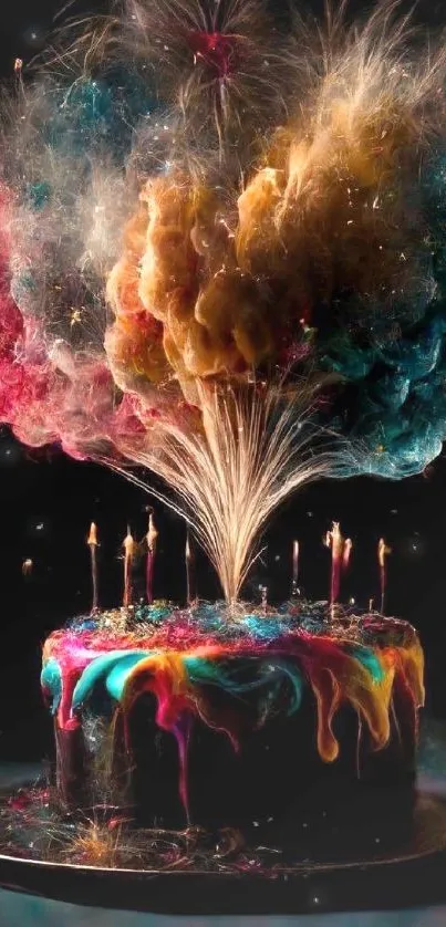 Colorful cake explosion with fireworks effect, vibrant and artistic mobile wallpaper.