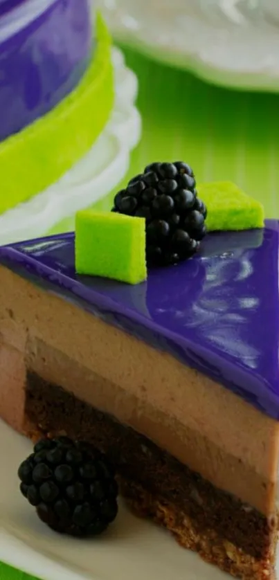 Vibrant purple cake slice with berries and green accents.