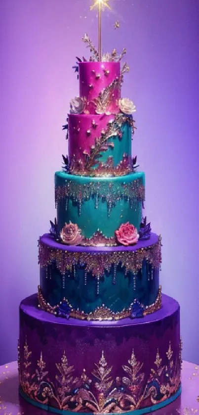 Vibrant multi-tiered cake with golden accents on purple background.