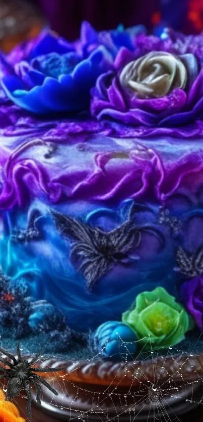 Artistic cake with purple flowers and butterflies on a vibrant mobile wallpaper.