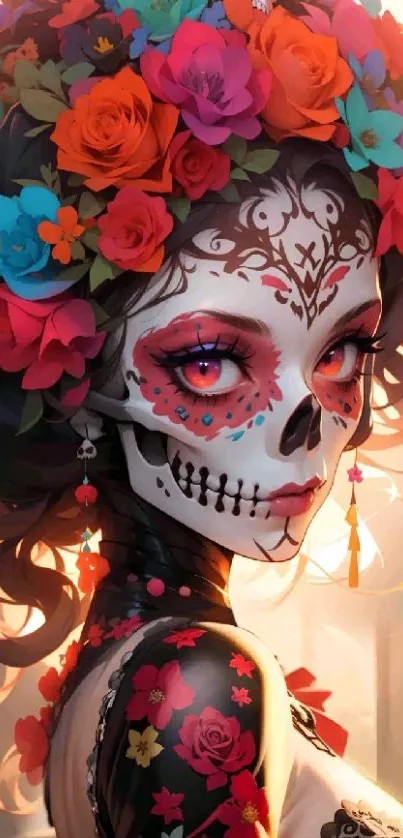 Calavera art with colorful flowers in vibrant red hues.