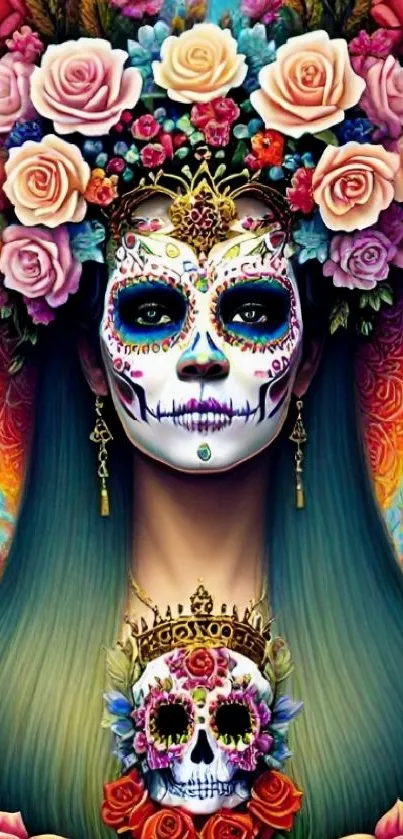 Colorful floral crown Calavera art wallpaper with sugar skull face.