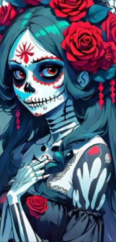 Colorful calavera girl with red roses and skeletal design on mobile wallpaper.