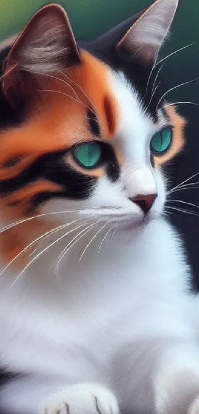 Calico cat with vibrant fur and green eyes on wallpaper