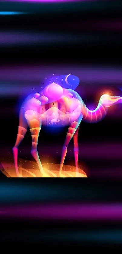 Neon camel artwork on black background.