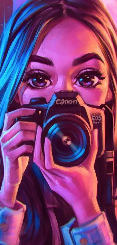 Vibrant and artistic wallpaper of a woman with a camera, in colorful hues.