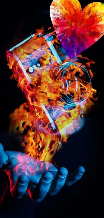 Vibrant camera art with flames and a colorful heart in hand.