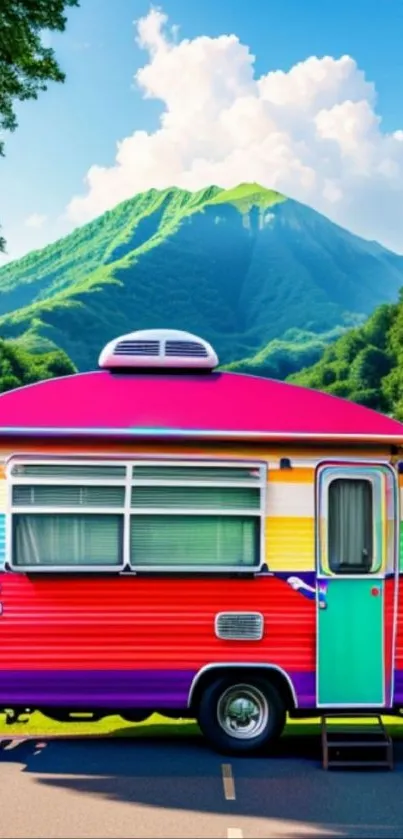 Colorful camper with mountain background in vibrant nature scene.