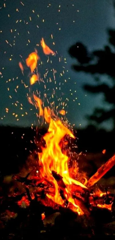 Vibrant flames and sparks from a campfire under a starry night sky.