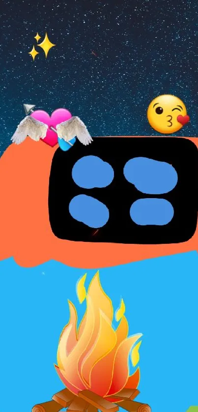 Colorful emoji wallpaper with campfire, stars, kissing face, and heart emojis.