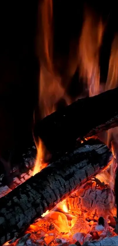 Vibrant orange campfire flame with flickering logs at night.