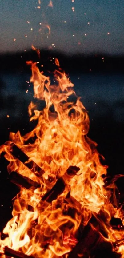 Dynamic campfire flames against a dark evening sky.