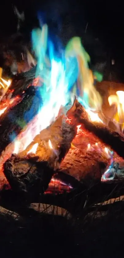 Vibrant campfire with colorful flames.