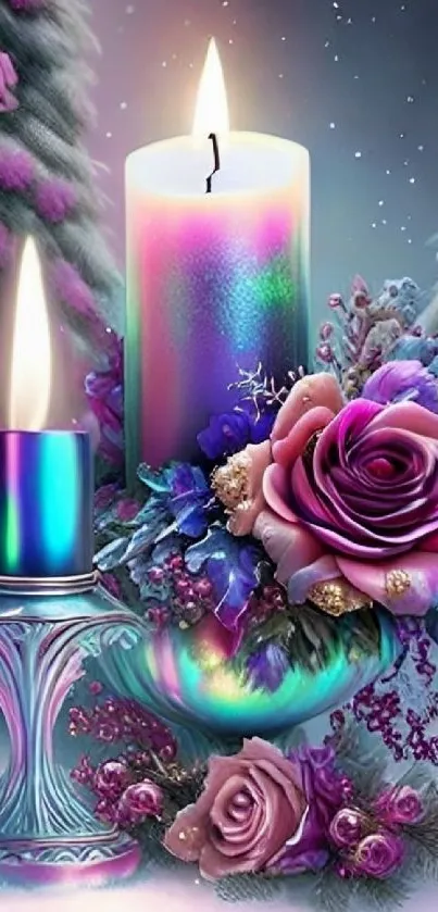 Vibrant mobile wallpaper with candles and roses.