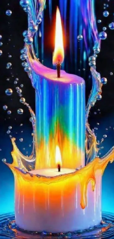 Vibrant candle with colorful flames and water droplets in abstract art.