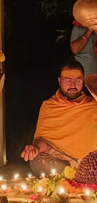 Man meditating in candlelit ritual setting with vibrant warm tones.