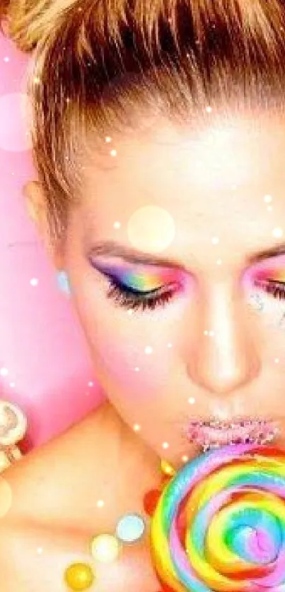 Vibrant wallpaper with candy theme and colorful makeup.