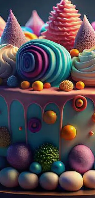 Colorful candy cake with vibrant sweets.