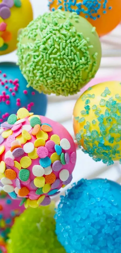 Colorful cake pops with sprinkles in vibrant display.