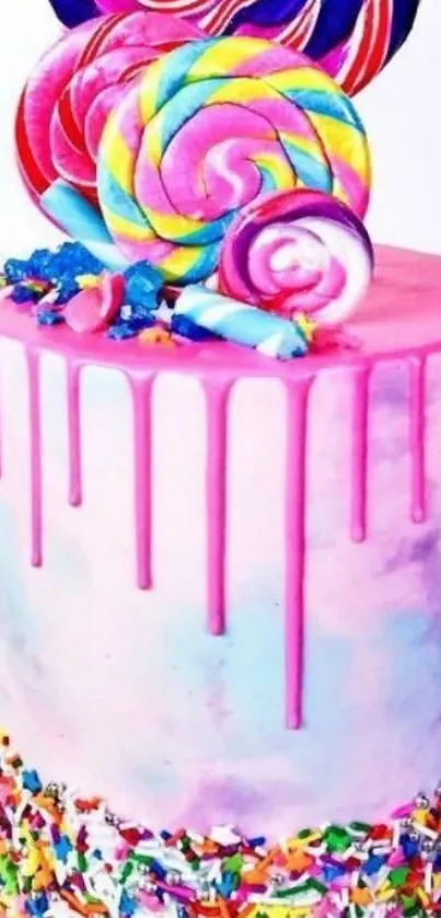 Colorful candy cake with lollipops and sprinkles.