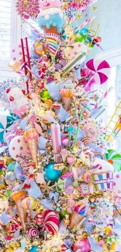 Candy-themed Christmas tree with vibrant colors.