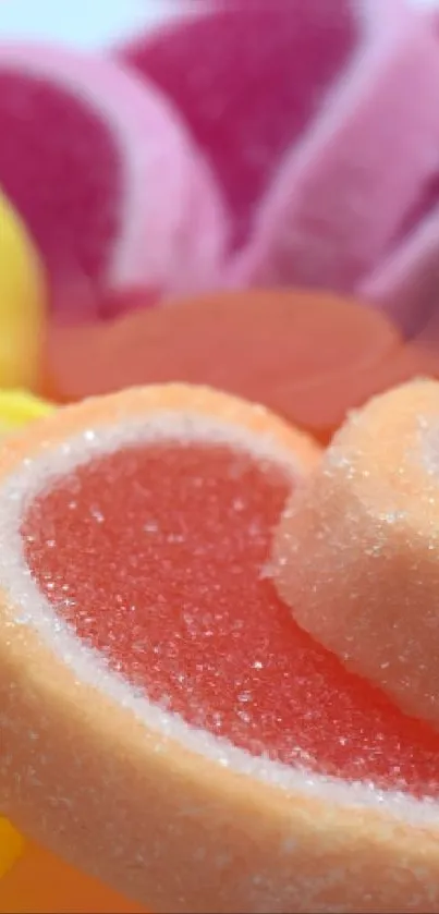 Close-up of vibrant gummy candies in various bright colors.