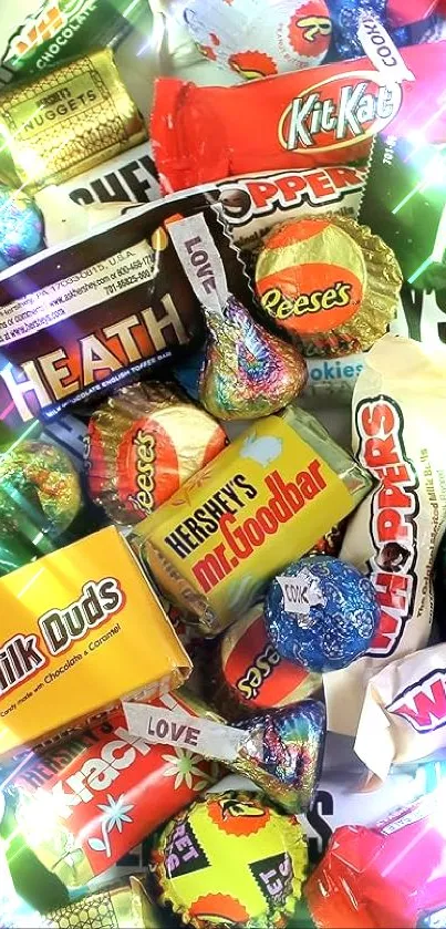 Colorful assortment of candy bars in a vibrant wallpaper.
