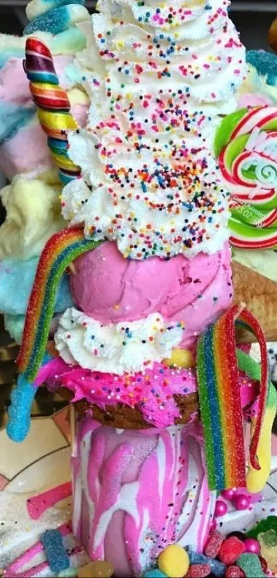 Vibrant dessert wallpaper featuring colorful candies and ice cream.
