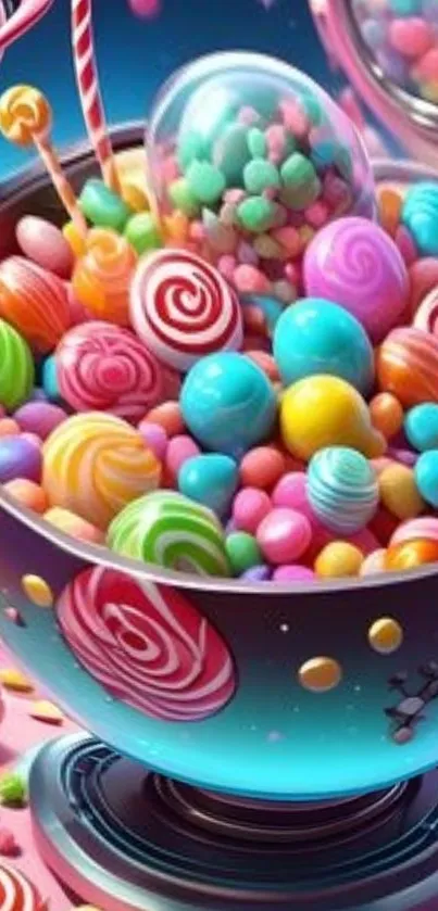 Colorful candy explosion mobile wallpaper with vibrant sweets.