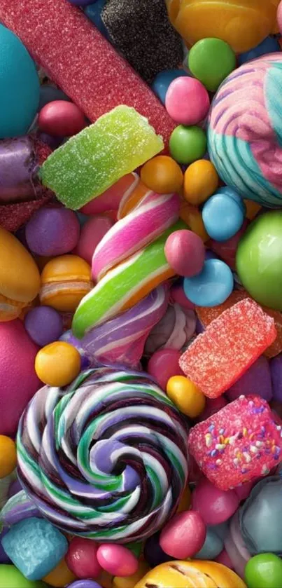 A vibrant collection of colorful candies, including lollipops and gummies.